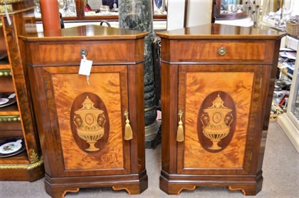 Pair mahogany corner cabinets with inlay