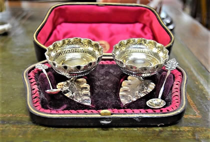 Pair of silver plated victorian silver salts in original leather case