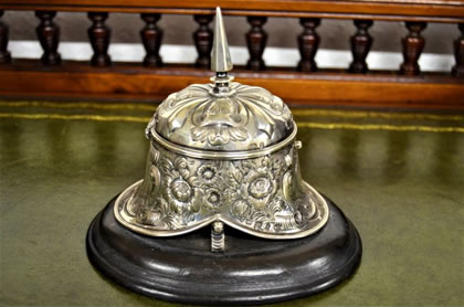 Victorian silver inkwell mounted on wooden plinth