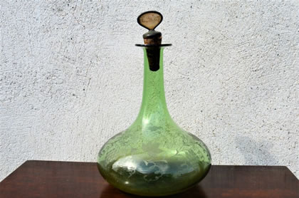 Victorian etched green glass whiskey  decanter