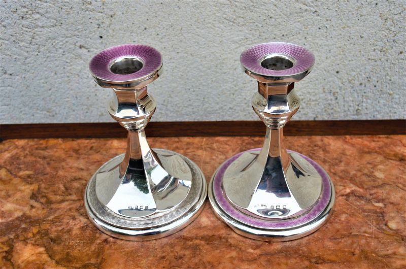 Pair of silver & enamel candlesticks