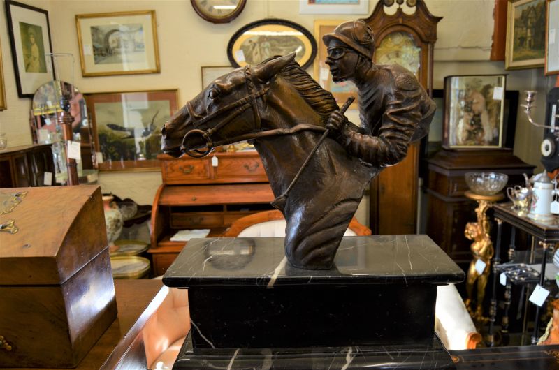 Bronze horse & jockey on marble plinth (modern)