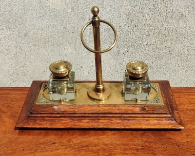 Brass & oak desk stand