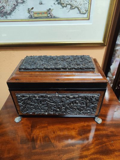 19th century mahogany carved tea-caddy