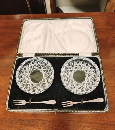 Pair of cased cut glass dishes & silver forks