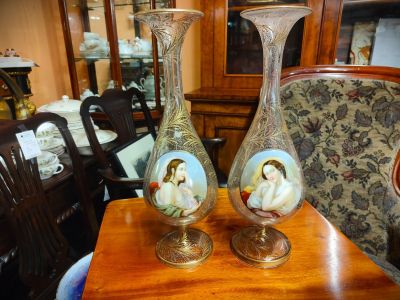 Pair of bohemian hand painted glass vases