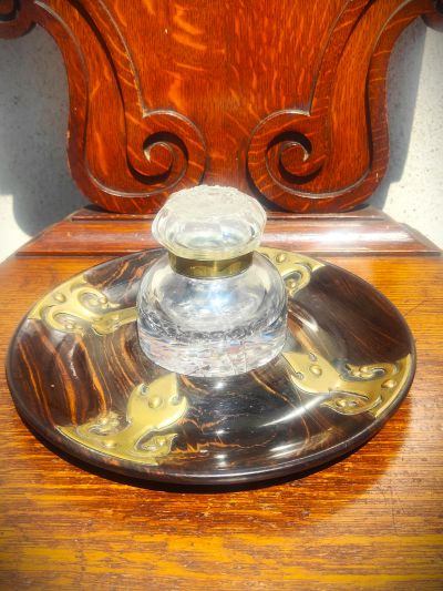 Victorian coromandel & brass circular ink stand