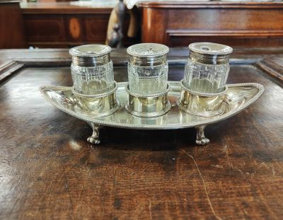 Georgian silver desk stand with plated tops 