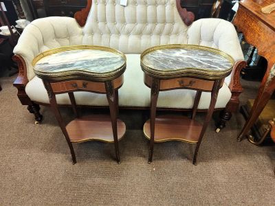 Pair of marble top tables & brass gallery