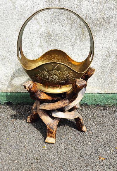 African carved wooden stand with brass pot 