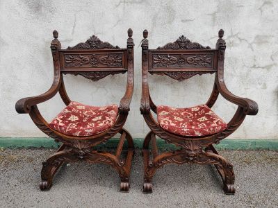 Pair of carved walnut hall chairs