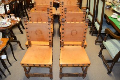 Set of eight dining chairs, leather & oak 