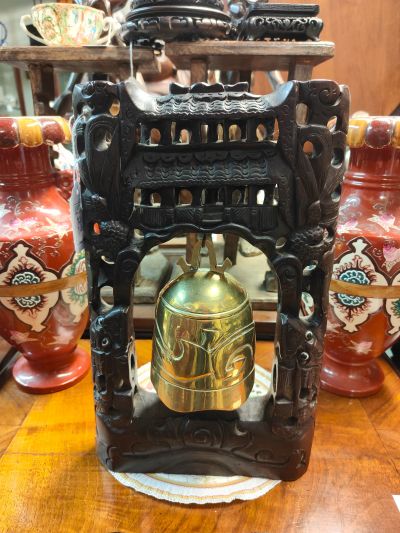 Chinese carved wood & brass gong / bell