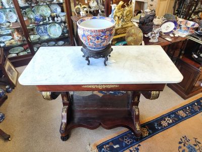 Victorian mahogany marble top consol table with single front drawer