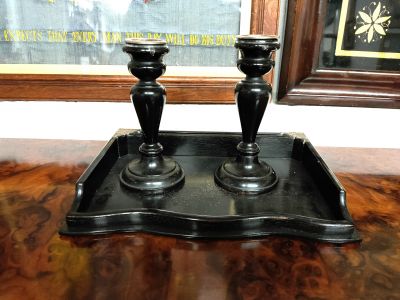 Silver mounted tray & candlesticks