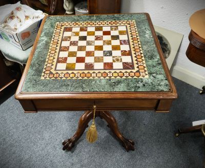 Victorian marble top mahogany games table with carved ball & claw feet