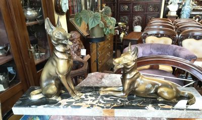 Art deco spelter dogs on marble plinth