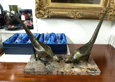 French art deco spelter birds on marble plinth