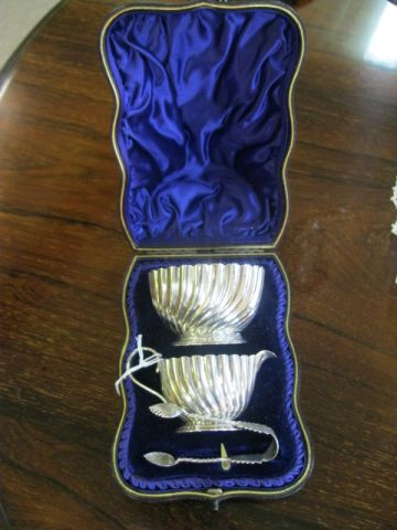 Silver sugar & cream & tongs