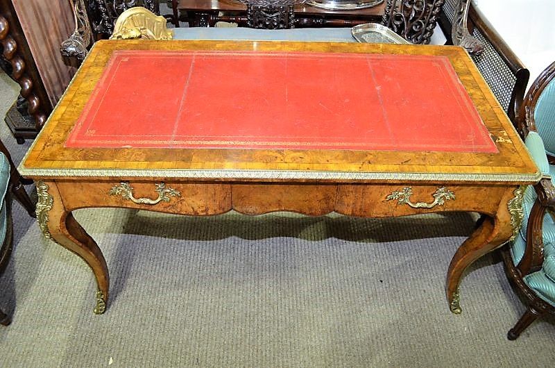 Fine19th century burr walnut writing table with leather top and inlay .