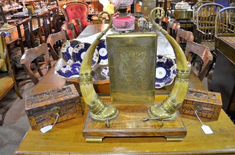 Oak and horn mounted  brass gong