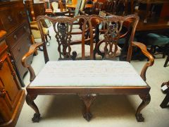 19th century mahogany Chippendale style chair back settee with upholstered seat Thumbnail 1