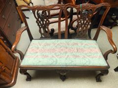 19th century mahogany Chippendale style chair back settee with upholstered seat Thumbnail 2