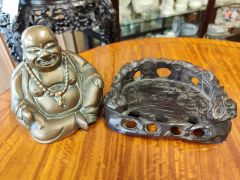 Antique chinese bronze buddha on wooden stand Thumbnail 2