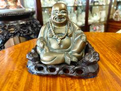 Antique chinese bronze buddha on wooden stand Thumbnail 4