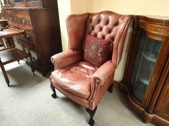 Pair of leather wing back armchairs Thumbnail 3