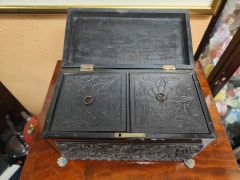 19th century mahogany carved tea-caddy Thumbnail 3