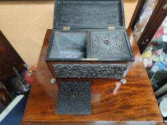 19th century mahogany carved tea-caddy Thumbnail 4