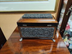 19th century mahogany carved tea-caddy Thumbnail 6