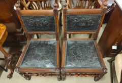 Pair of oak , leather embossed hall chairs Thumbnail 2