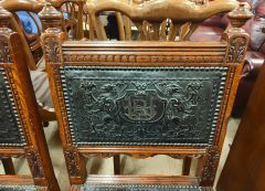 Pair of oak , leather embossed hall chairs Thumbnail 3
