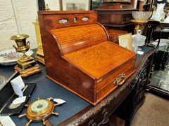 Edwardian oak cabint with writing slope & calander Thumbnail 2