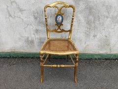 Victorian giltwood chair with wicker seat and porcelain inset Thumbnail 6