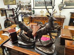 Pair of bronze stags on marble plinth bases  Thumbnail 2
