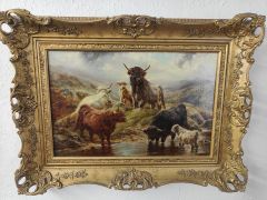 Pair of gilt framed oil paintings of highland cattle  Thumbnail 3