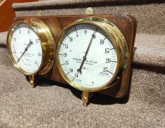 Old brass water tower gauges mounted on wood  Thumbnail 2