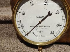 Old brass water tower gauges mounted on wood  Thumbnail 3