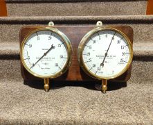 Old brass water tower gauges mounted on wood  Thumbnail 4