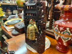 Chinese carved wood & brass gong / bell Thumbnail 2