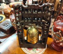 Chinese carved wood & brass gong / bell Thumbnail 3