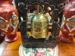 Chinese carved wood & brass gong / bell Thumbnail 4