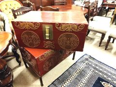 Chinese leather covered painted trunks on stand Thumbnail 3
