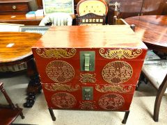 Chinese leather covered painted trunks on stand Thumbnail 6