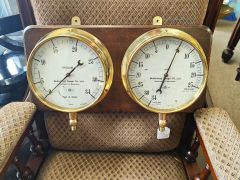 Old brass water tower gauges mounted on wood Thumbnail 2