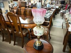 Victorian oil lamp with ruby shade Thumbnail 1