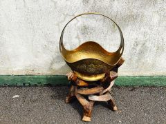 African carved wooden stand with brass pot  Thumbnail 1